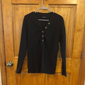 Madison soft-ribbed black long-sleeve top with asymmetrical button placket